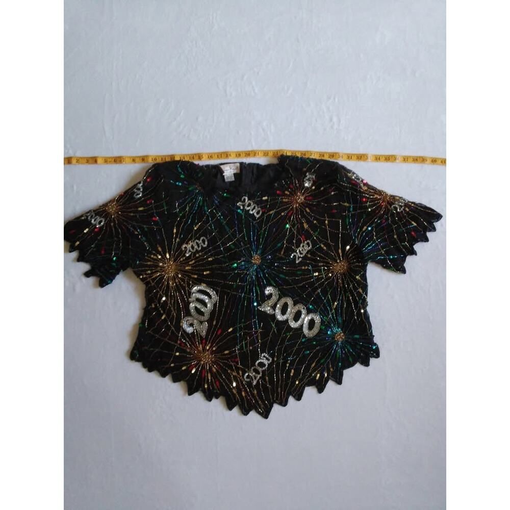 Laurence Kazar Vintage 2000 Fireworks Beaded Silk Blouse Black Multicolor NYE L